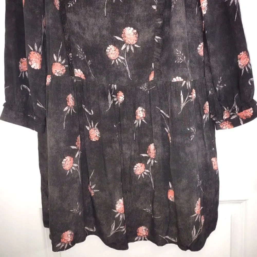 Caslon‎ Dress Sz S Pink Black Floral Print Long Sleeve Ruffle Accents Drop Waist